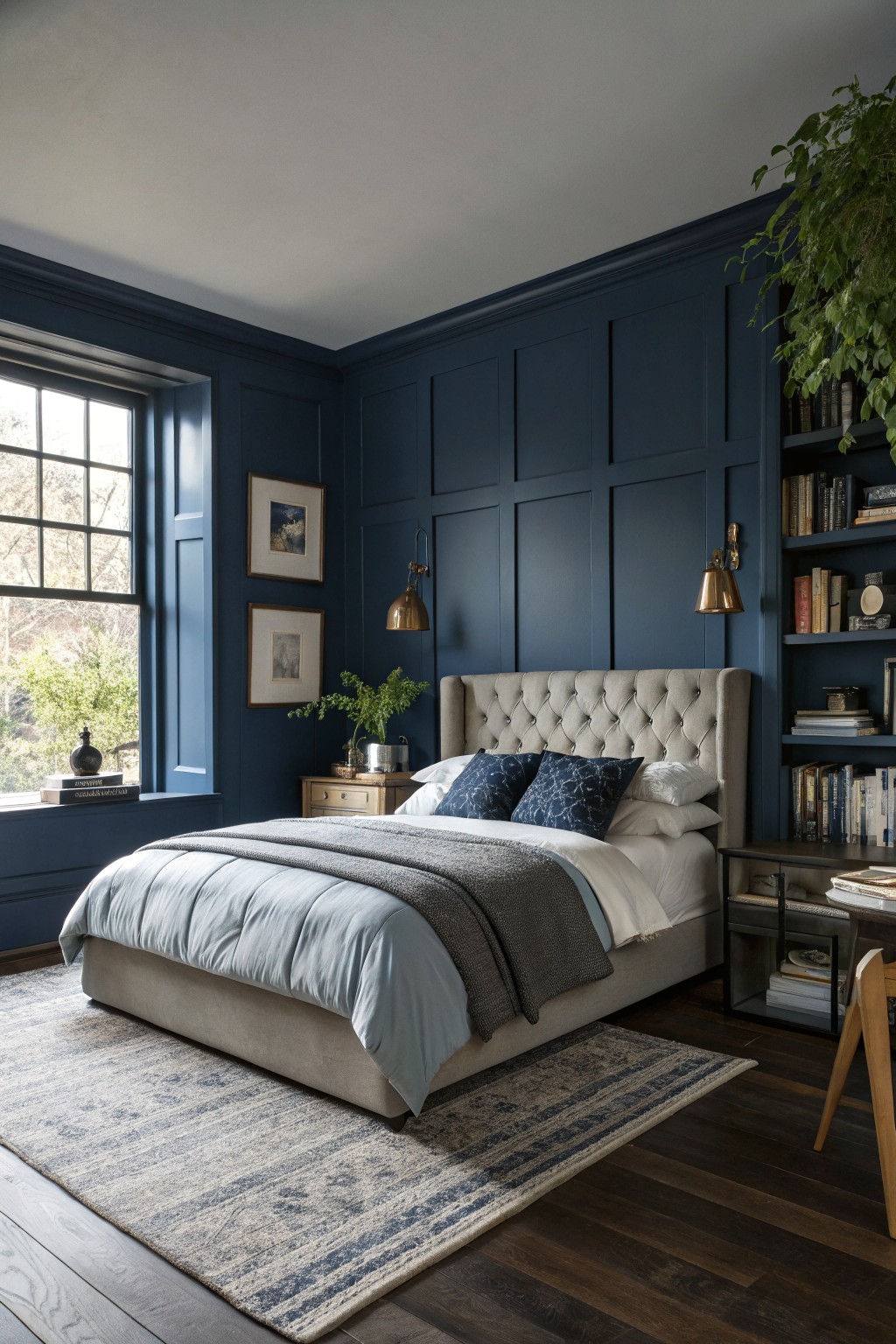 A bedroom with deep navy blue paneled walls and a large bed.