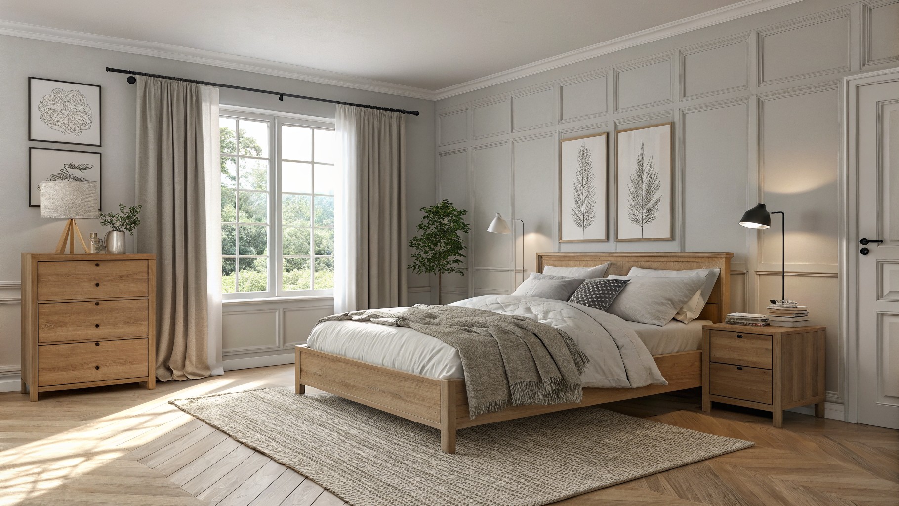 A bedroom with soft greige walls and white trim.