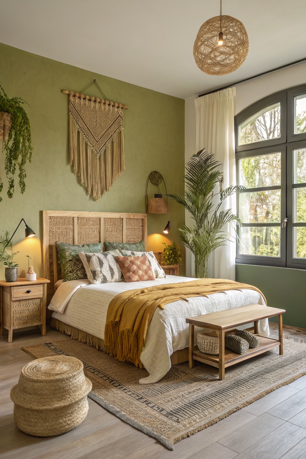A bedroom with soft sage green walls and wooden furniture.