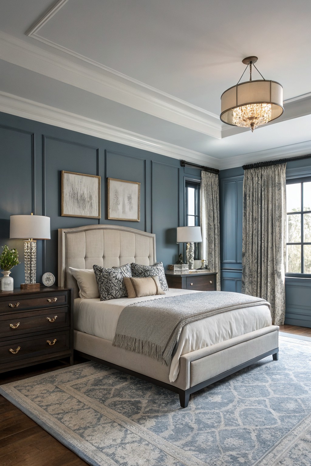 A bedroom with soft blue gray walls and a large upholstered bed.