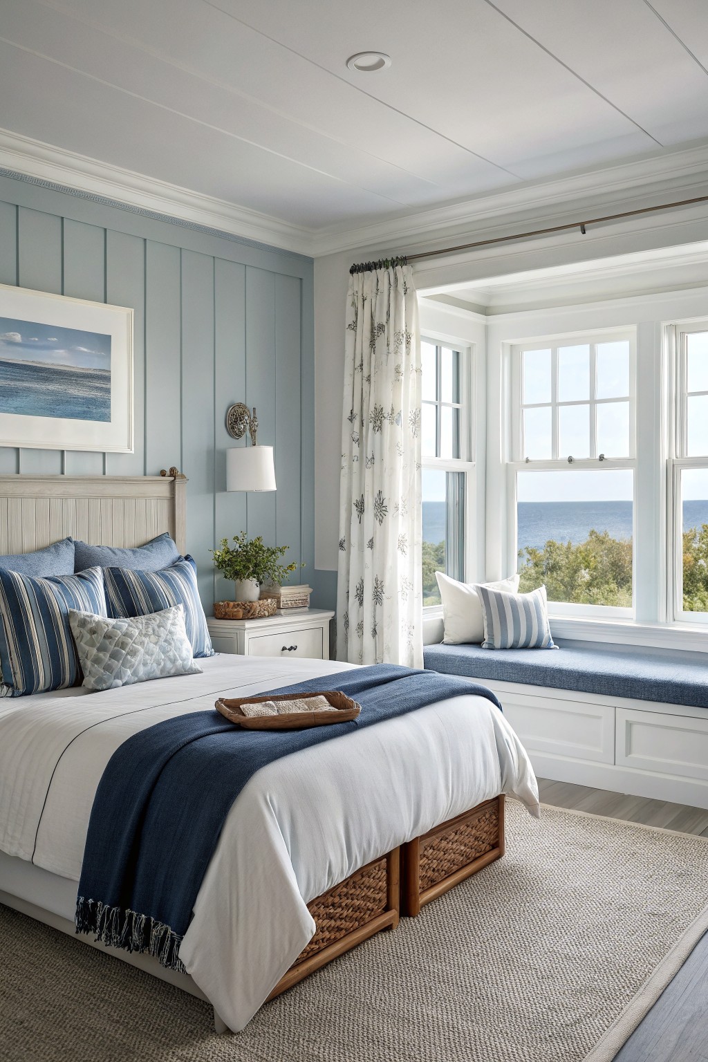 A bedroom with soft blue gray walls and white trim next to large windows.