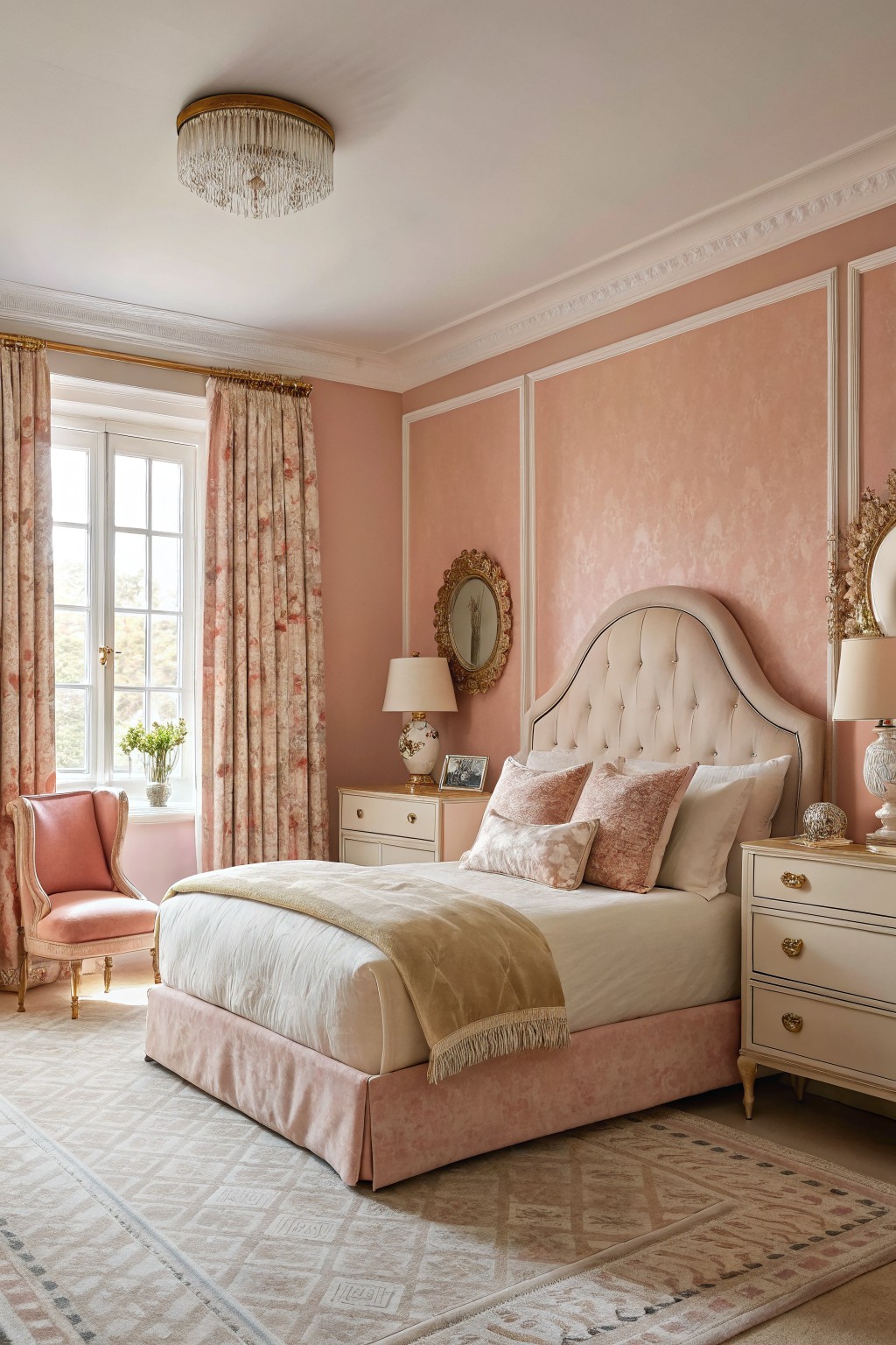Bedroom walls painted a soft warm pink with white trim.