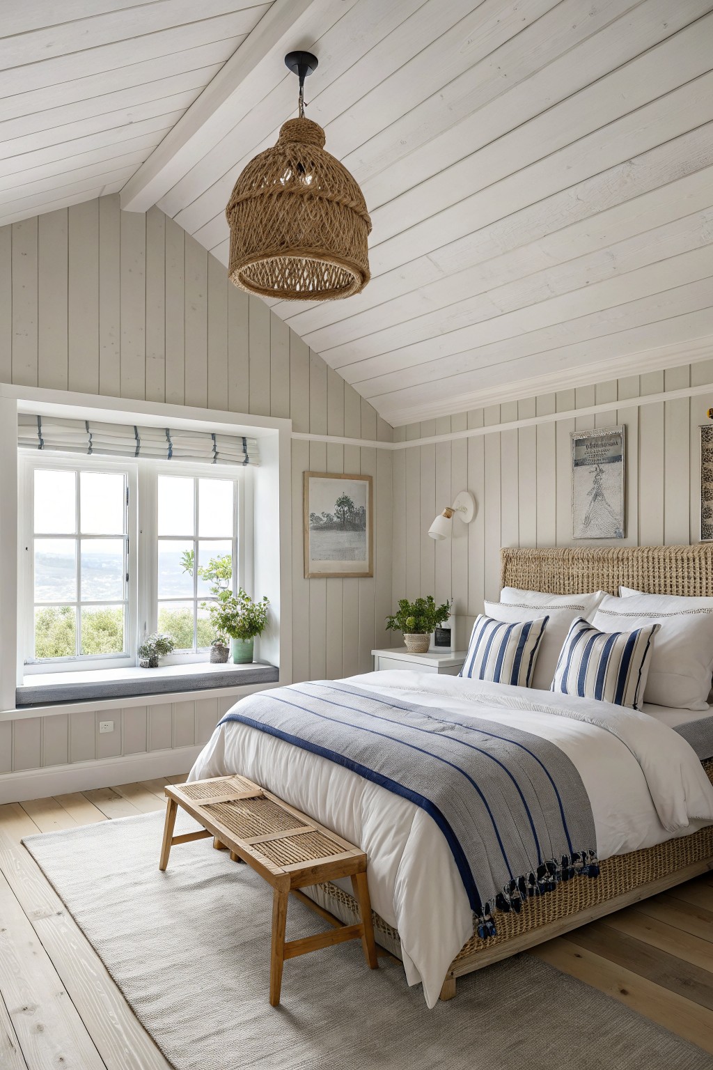A bedroom with soft gray walls, white trim, and a window seat overlooking trees.