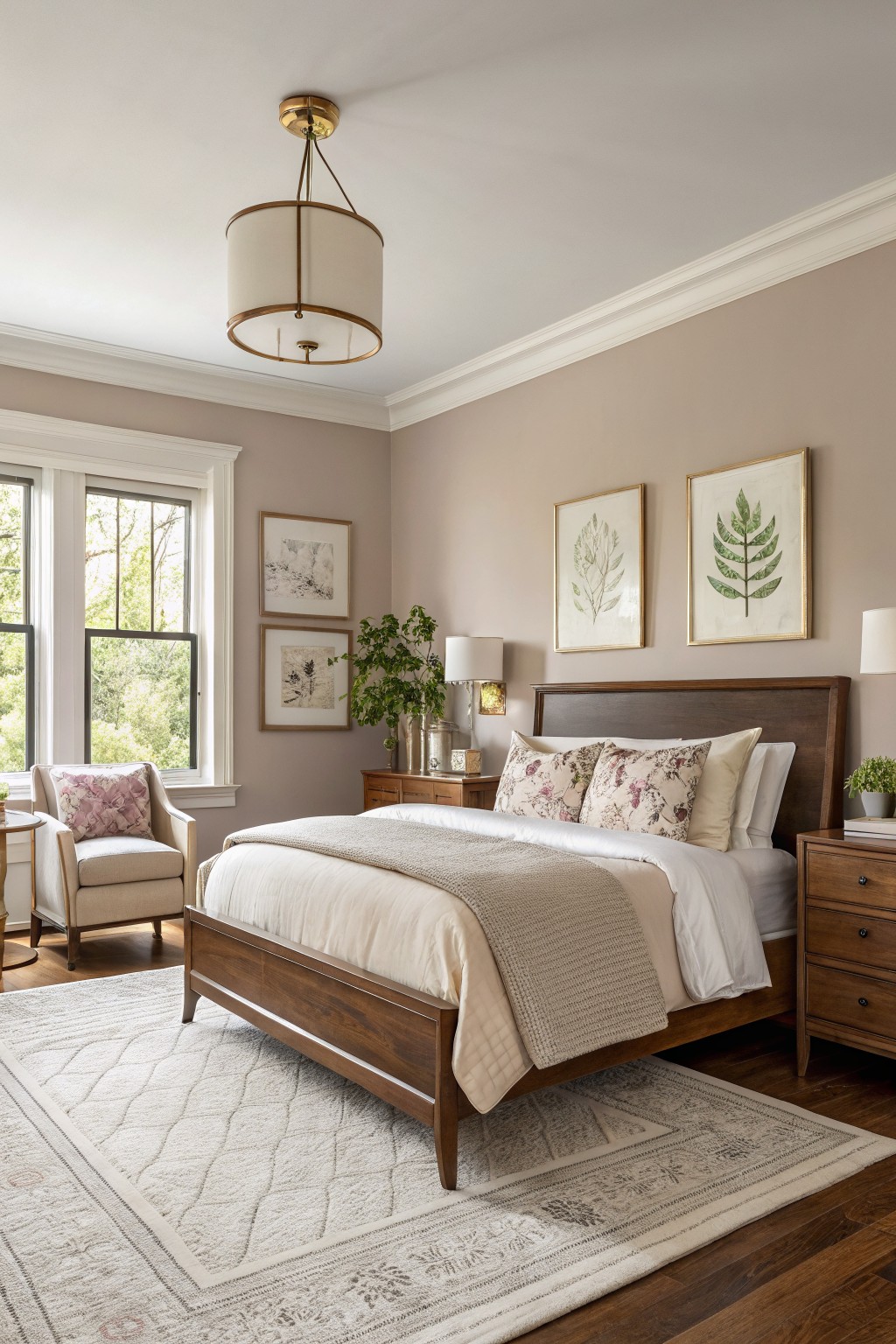 A bedroom with soft greige walls and a wooden bed frame.