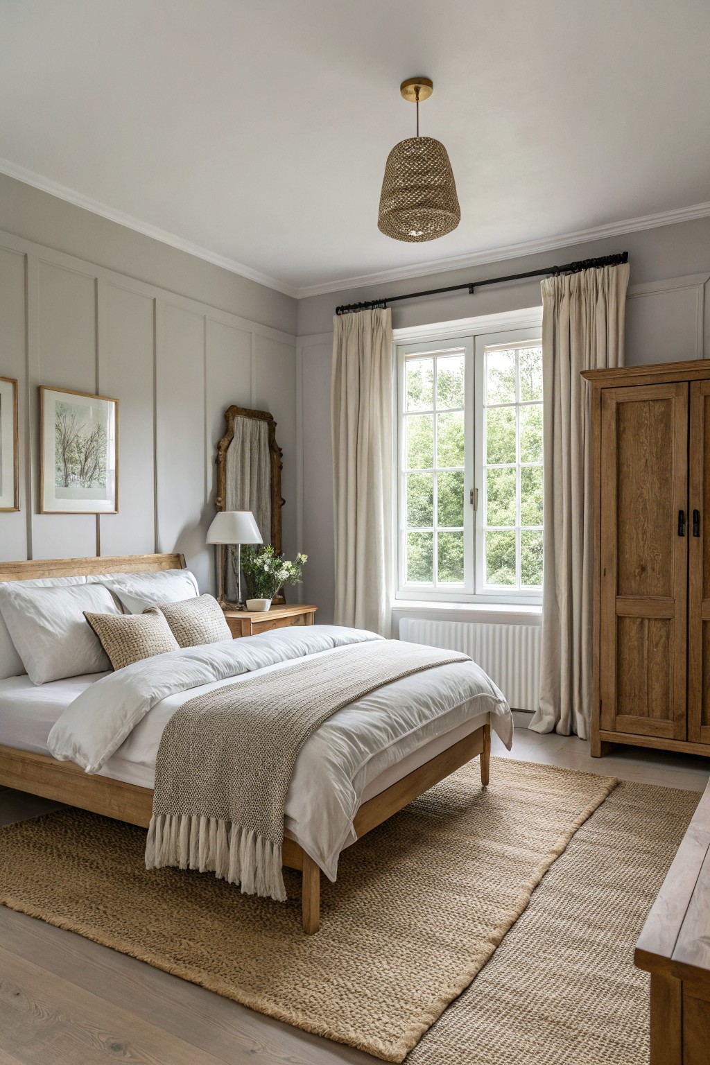 A bedroom with soft greige walls and white trim.