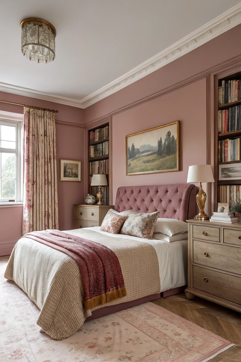 Dusty rose walls in a bedroom with built-in bookshelves.