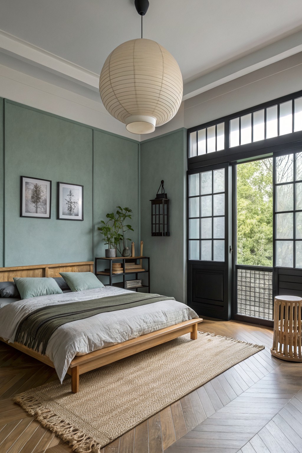 A bedroom with muted sage green walls and a low wooden bed.