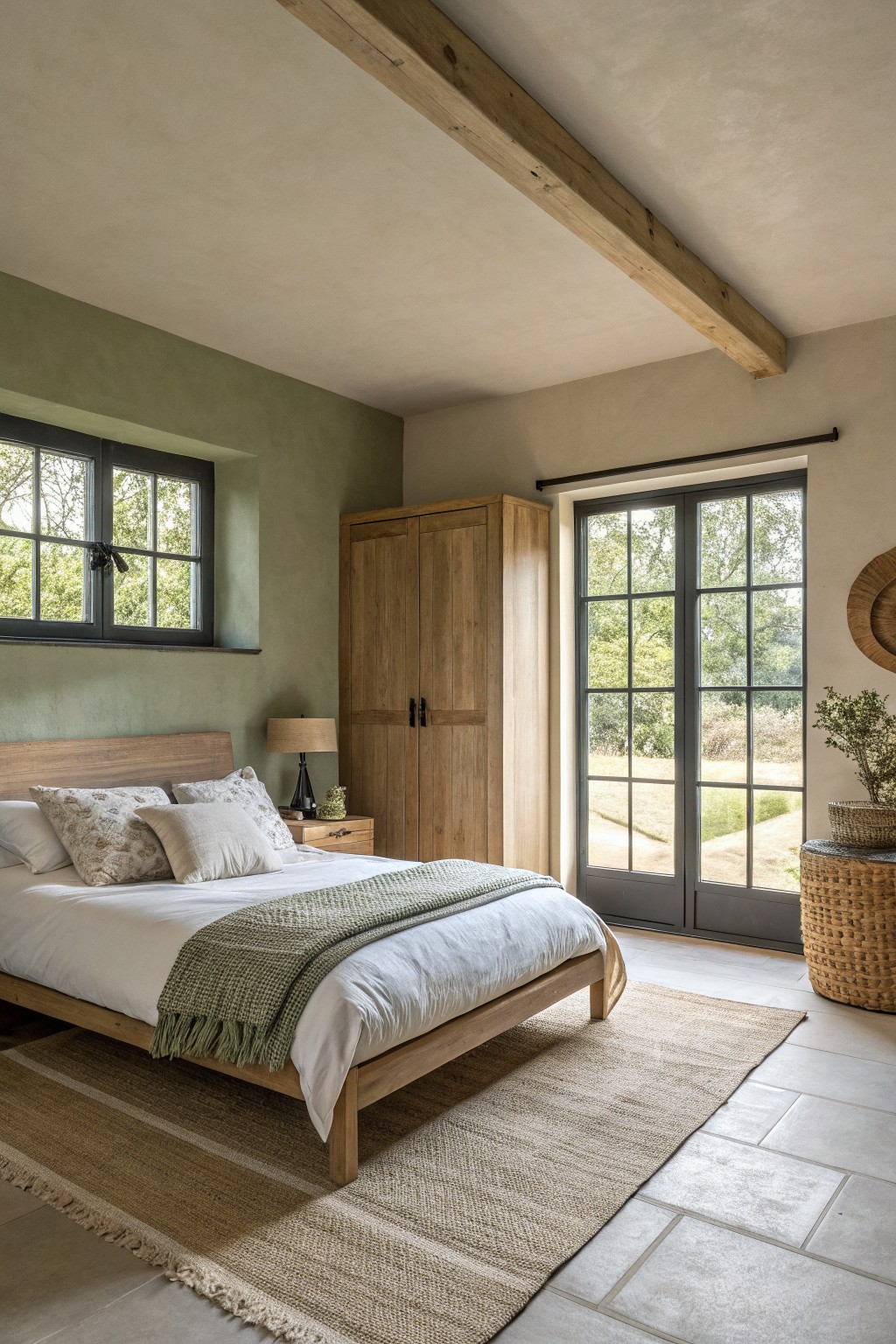 Bedroom walls painted in a soft sage green.