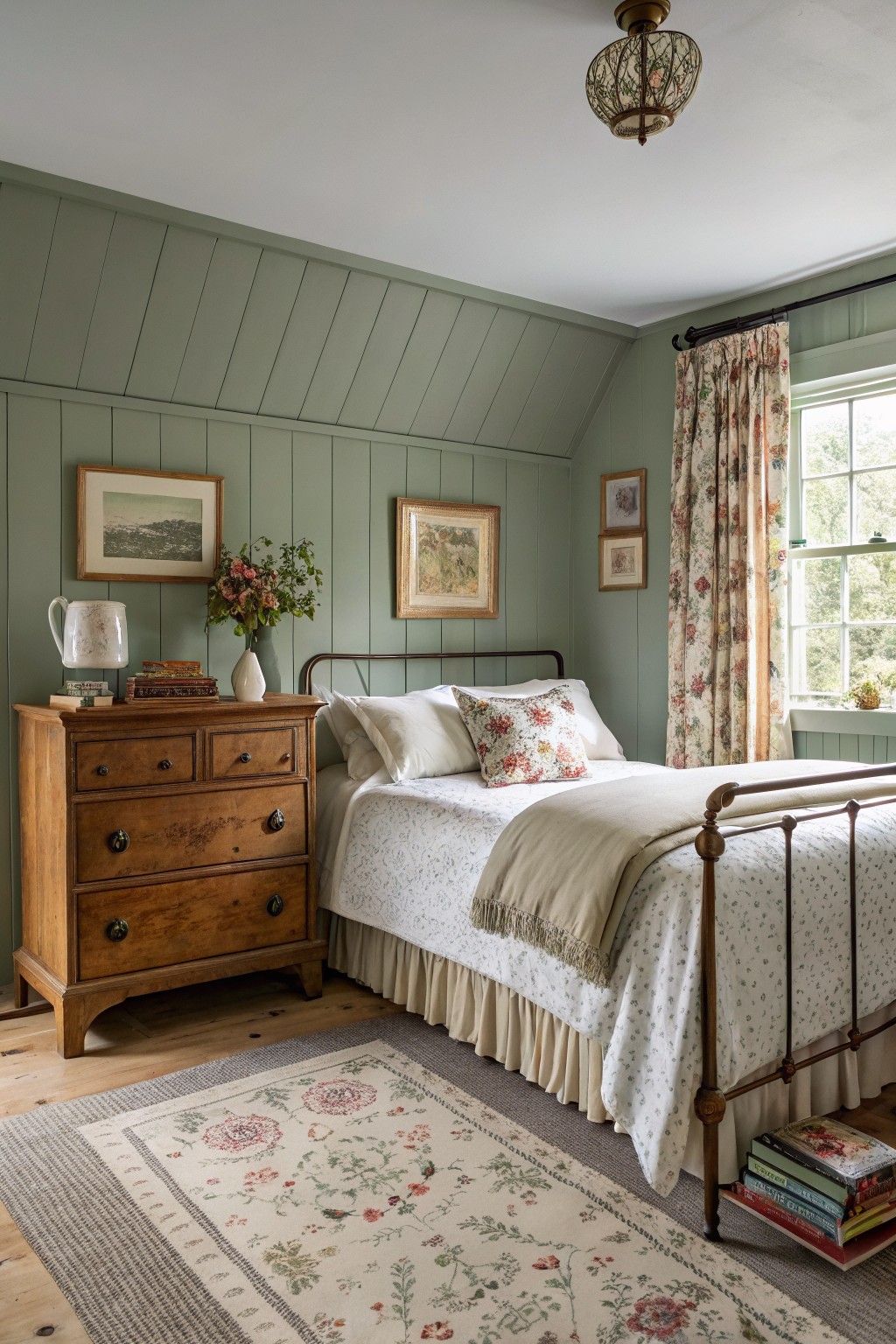 A bedroom with soft sage green walls and a wooden dresser beside the bed.