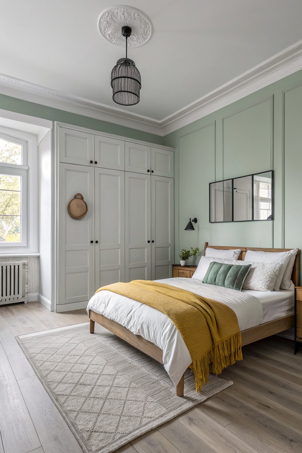 A bedroom with soft sage green walls and white built-in wardrobes.