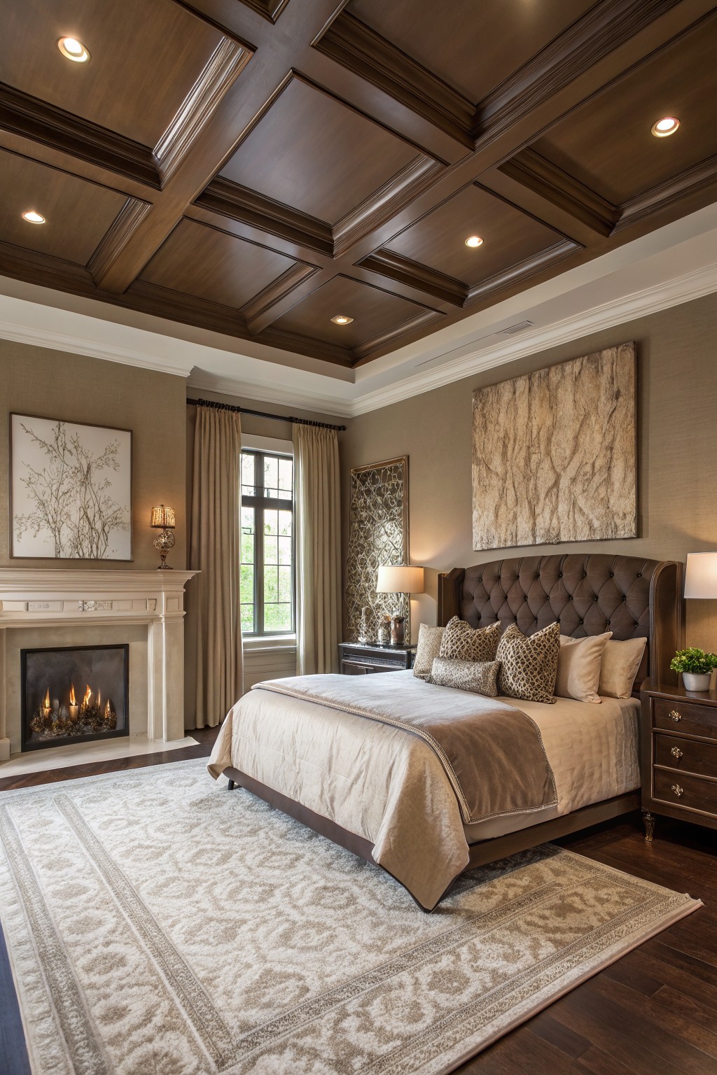 A bedroom with warm greige walls, dark wood ceiling, and a large upholstered bed.