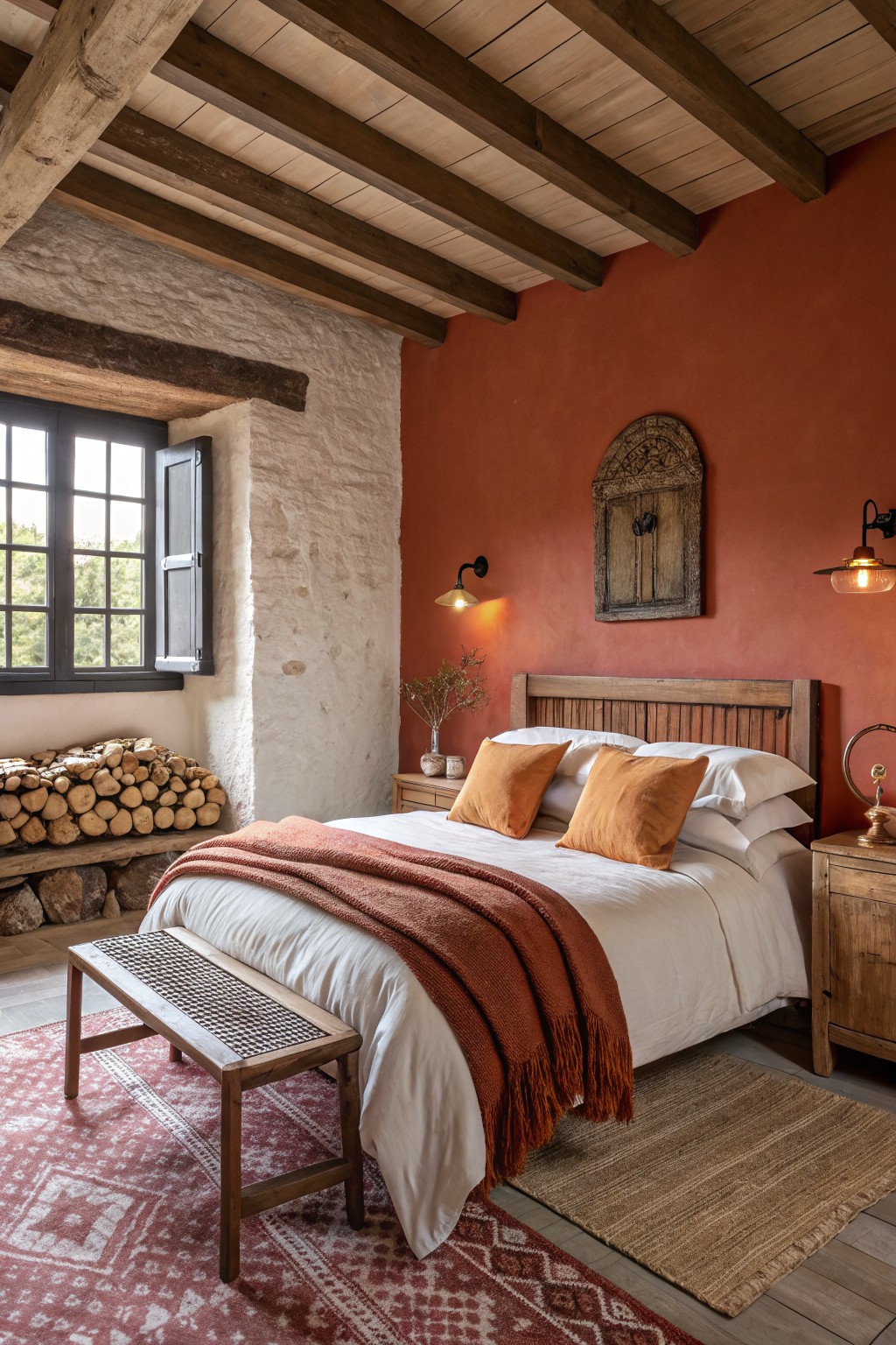 A bedroom with warm terracotta walls and a wooden bed frame.