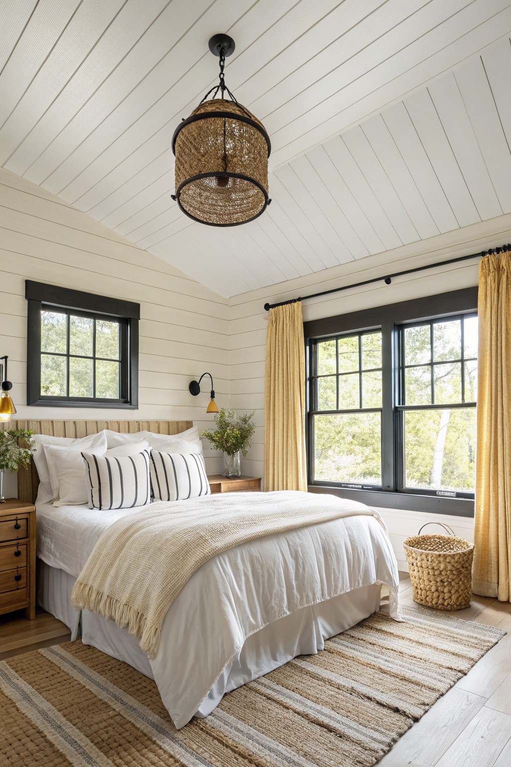 A bedroom with warm white walls and black window frames.