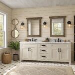 A bathroom with warm beige walls, white cabinetry, and wood accents.