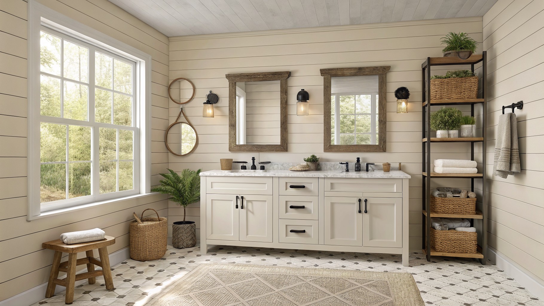 A bathroom with warm beige walls, white cabinetry, and wood accents.
