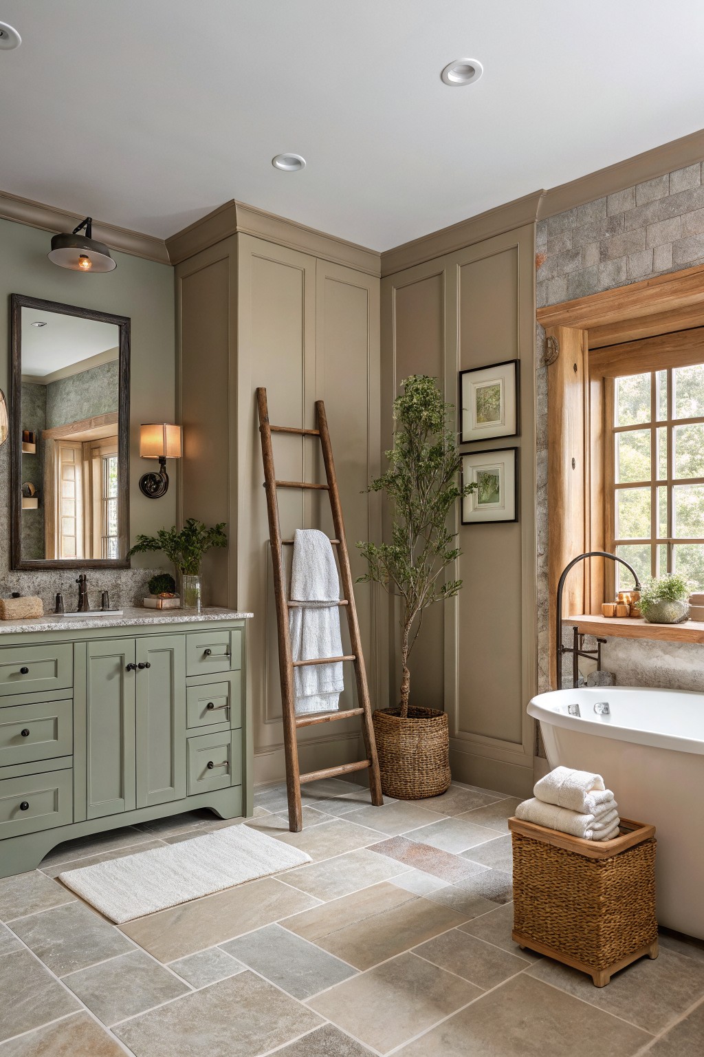Rustic bathroom with sage green vanity, wooden ladder, white tub, and potted plant.