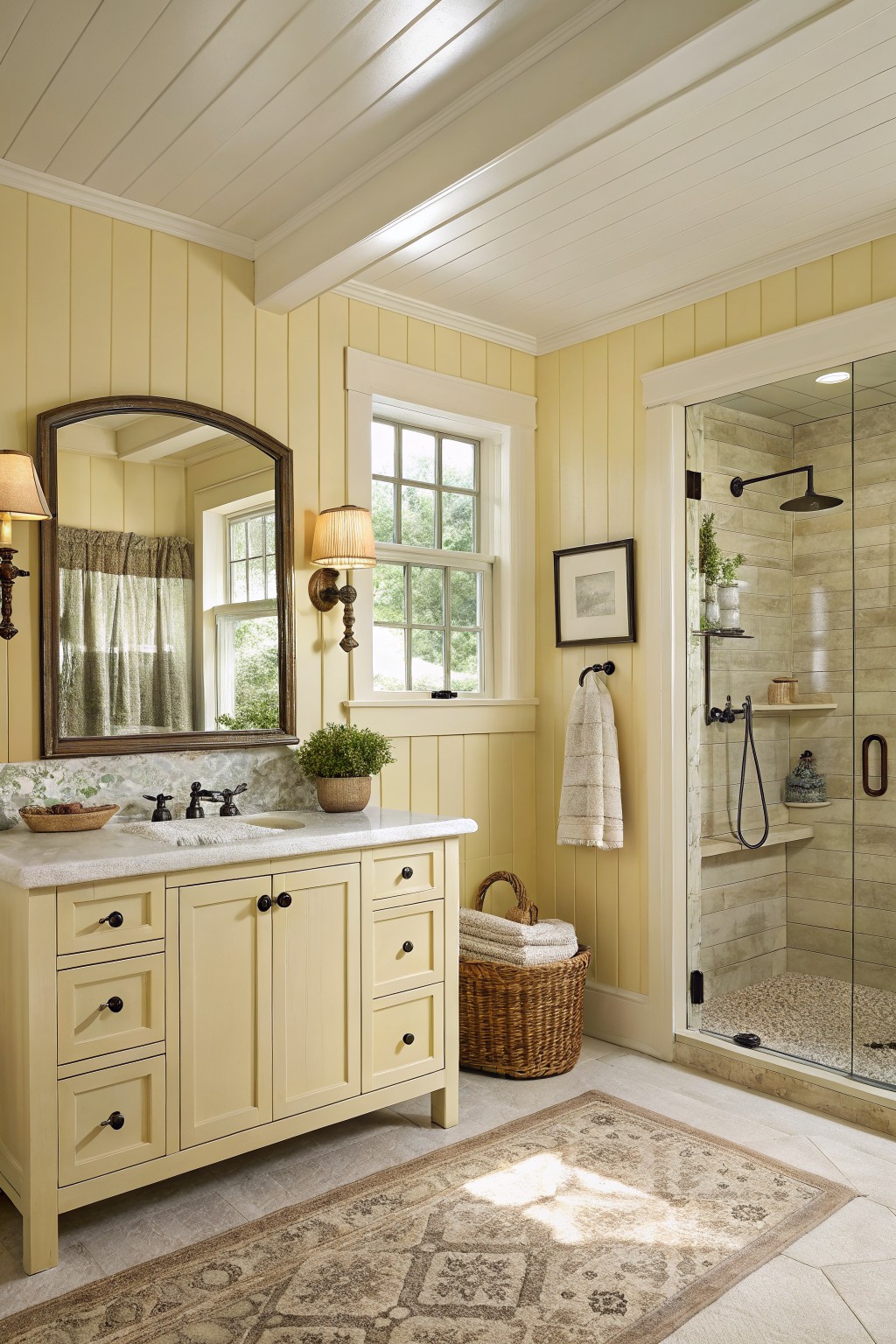 Pale yellow walls in a farmhouse bathroom with white trim and a white vanity.