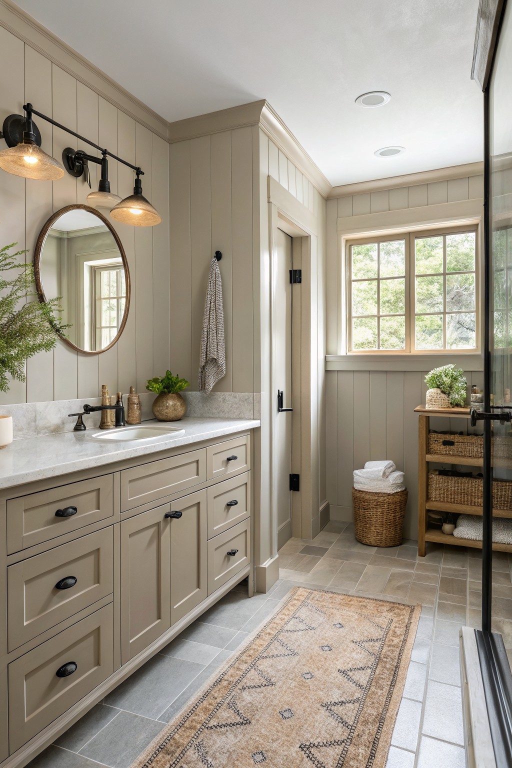 A bathroom with soft greige walls and a marble vanity.
