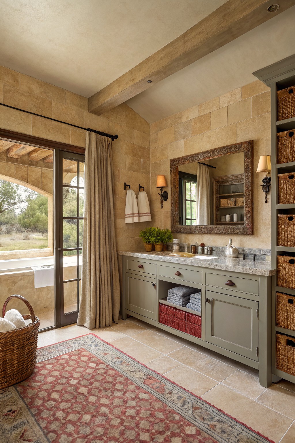 Painted sage green vanity cabinets in a stone-tiled farmhouse bathroom.