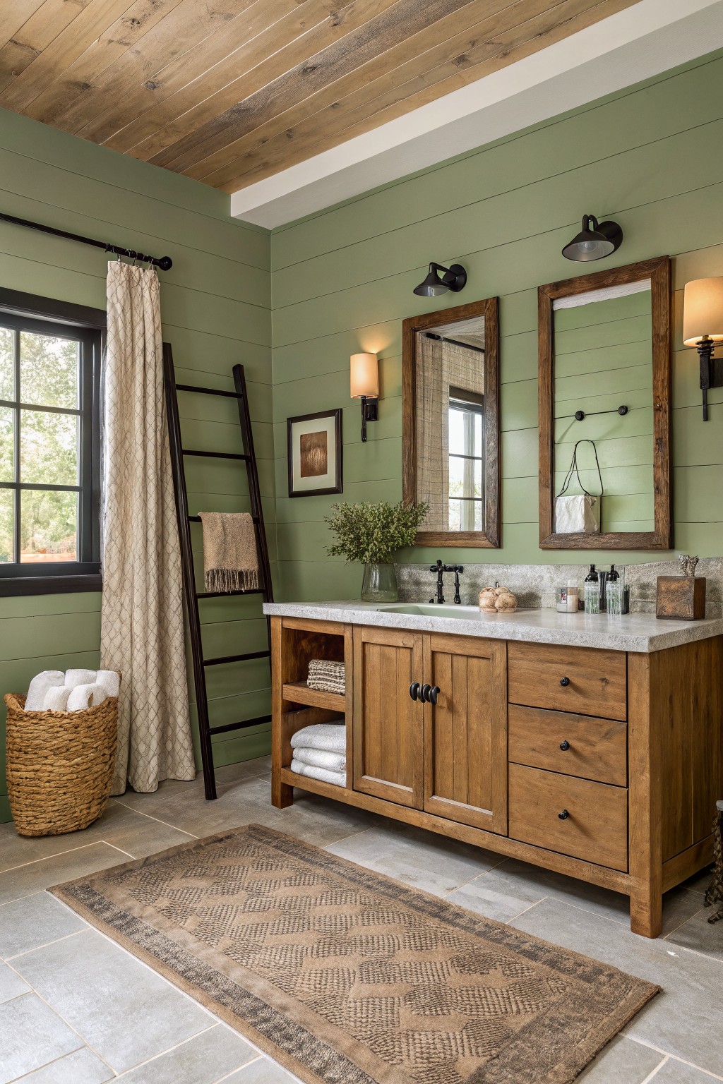 A bathroom with soft sage green walls and a wooden vanity.