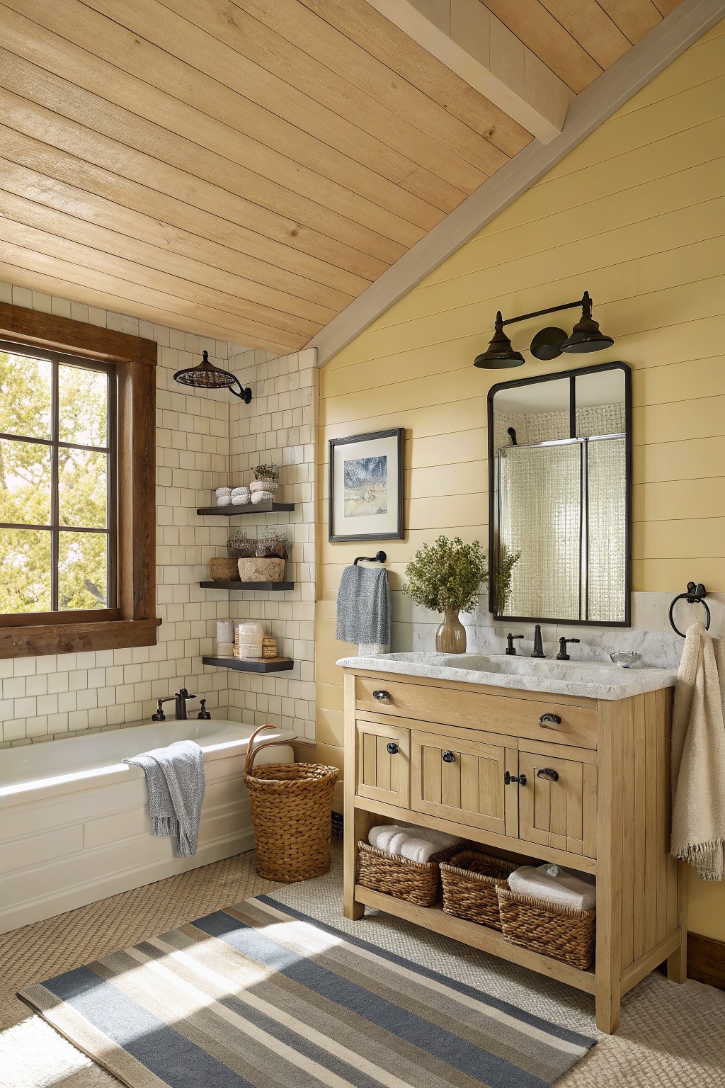 A bathroom with soft yellow walls and wood accents.