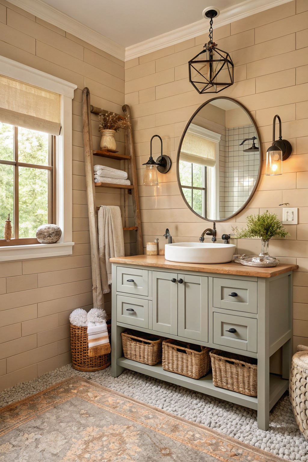 Warm beige shiplap walls in a farmhouse bathroom with a wooden vanity.