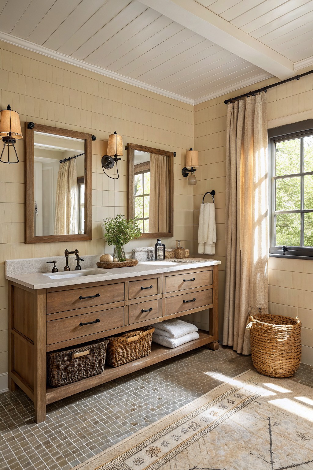 Bathroom walls painted in a soft warm beige with a wooden vanity below.