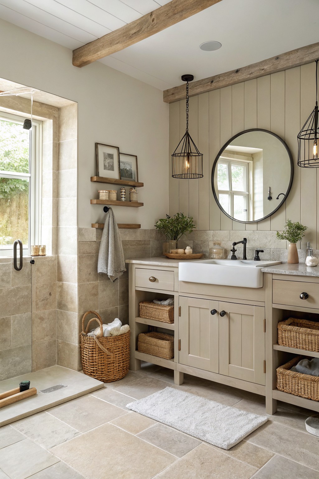 Bathroom walls painted in a soft warm greige with wood accents and a white vanity.
