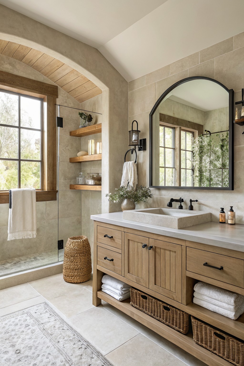 Bathroom walls in a light warm greige with wood vanity and stone sink.