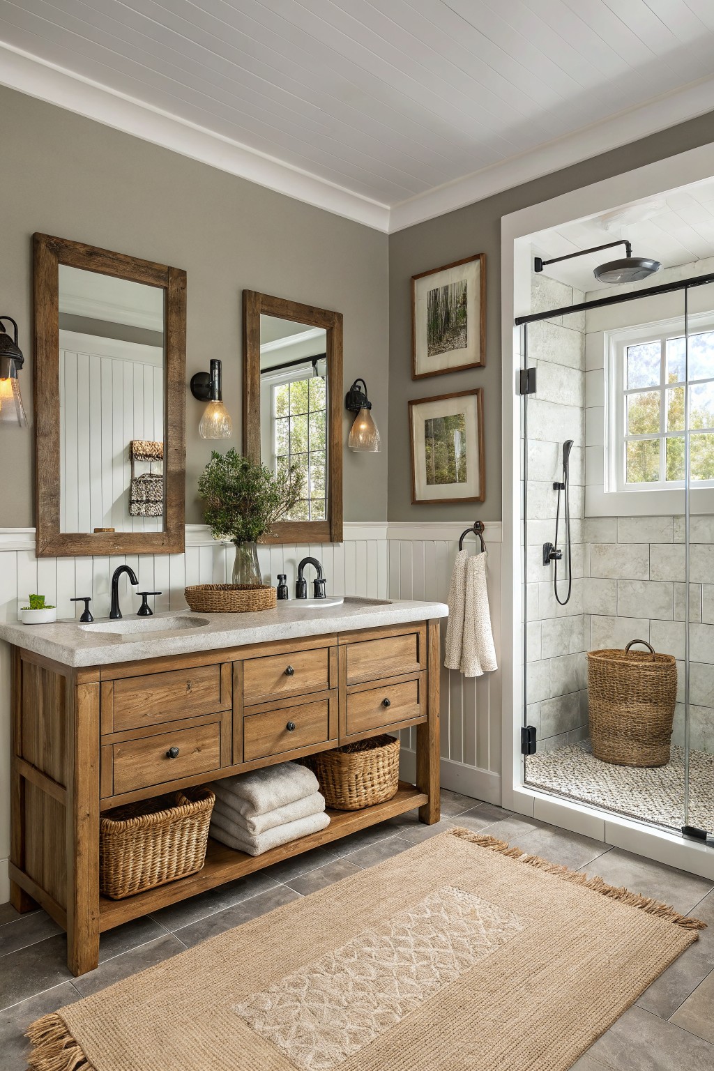 A farmhouse bathroom with warm greige walls above white beadboard and a wood vanity.