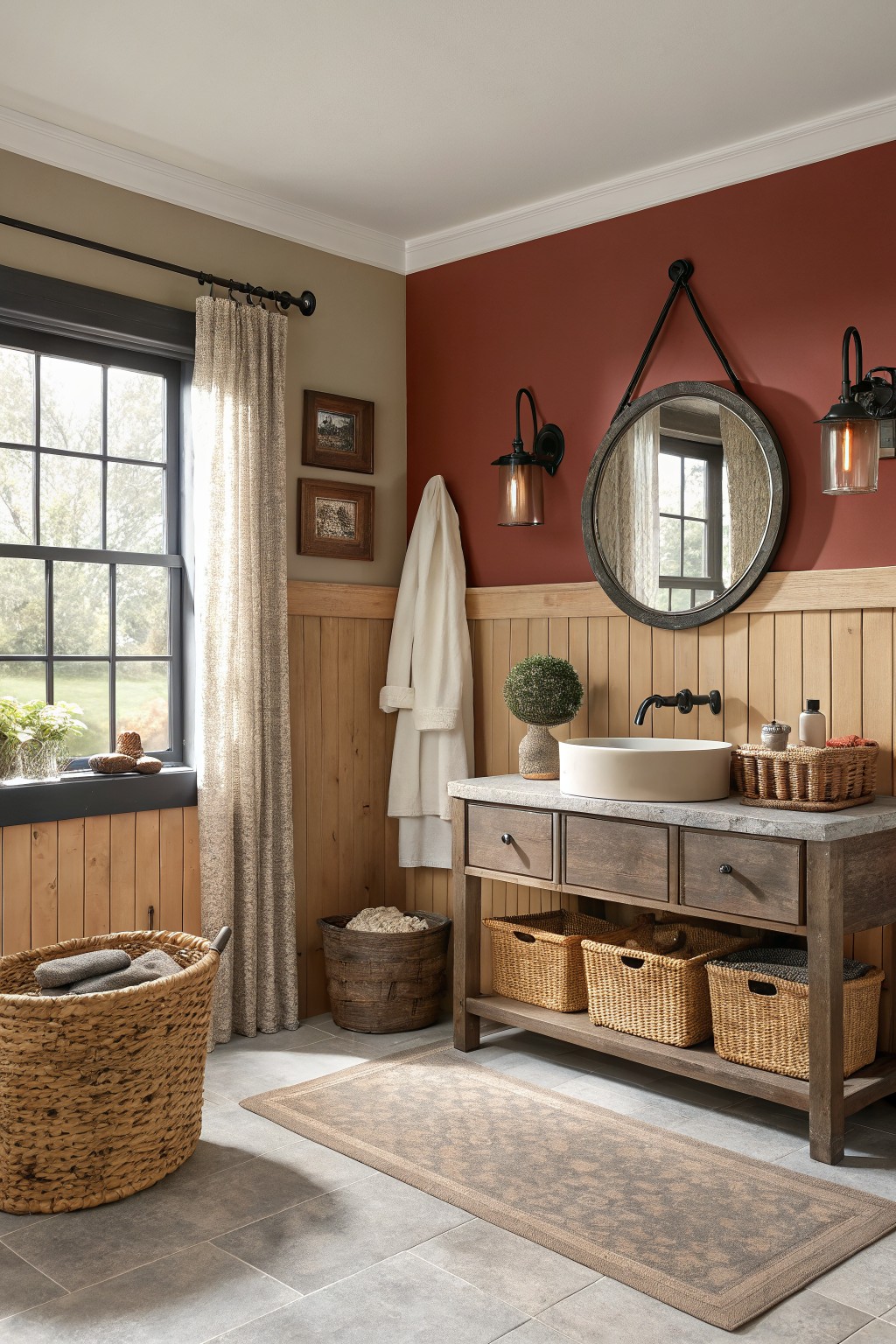 A farmhouse bathroom with warm terracotta walls above wood wainscoting.