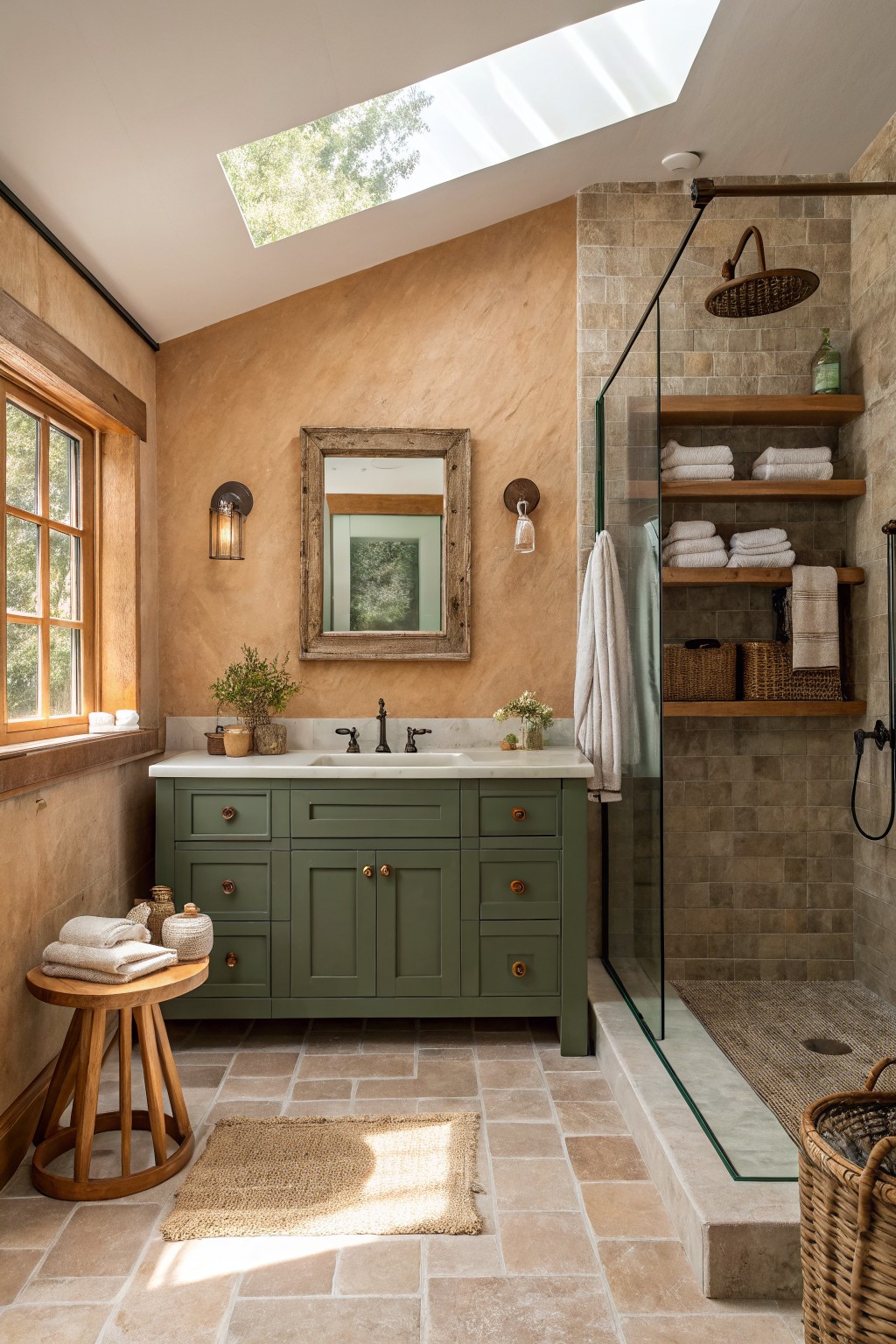 Bathroom walls painted in a warm terracotta color next to a green vanity and stone tile.