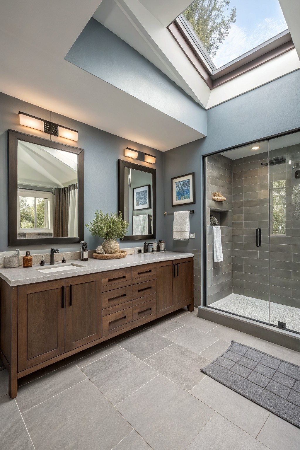 Blue-gray greige walls in a modern bathroom with wood vanity and large skylight.