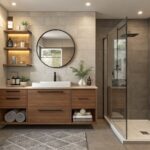 Warm greige walls in a modern bathroom with wood vanity and tile.