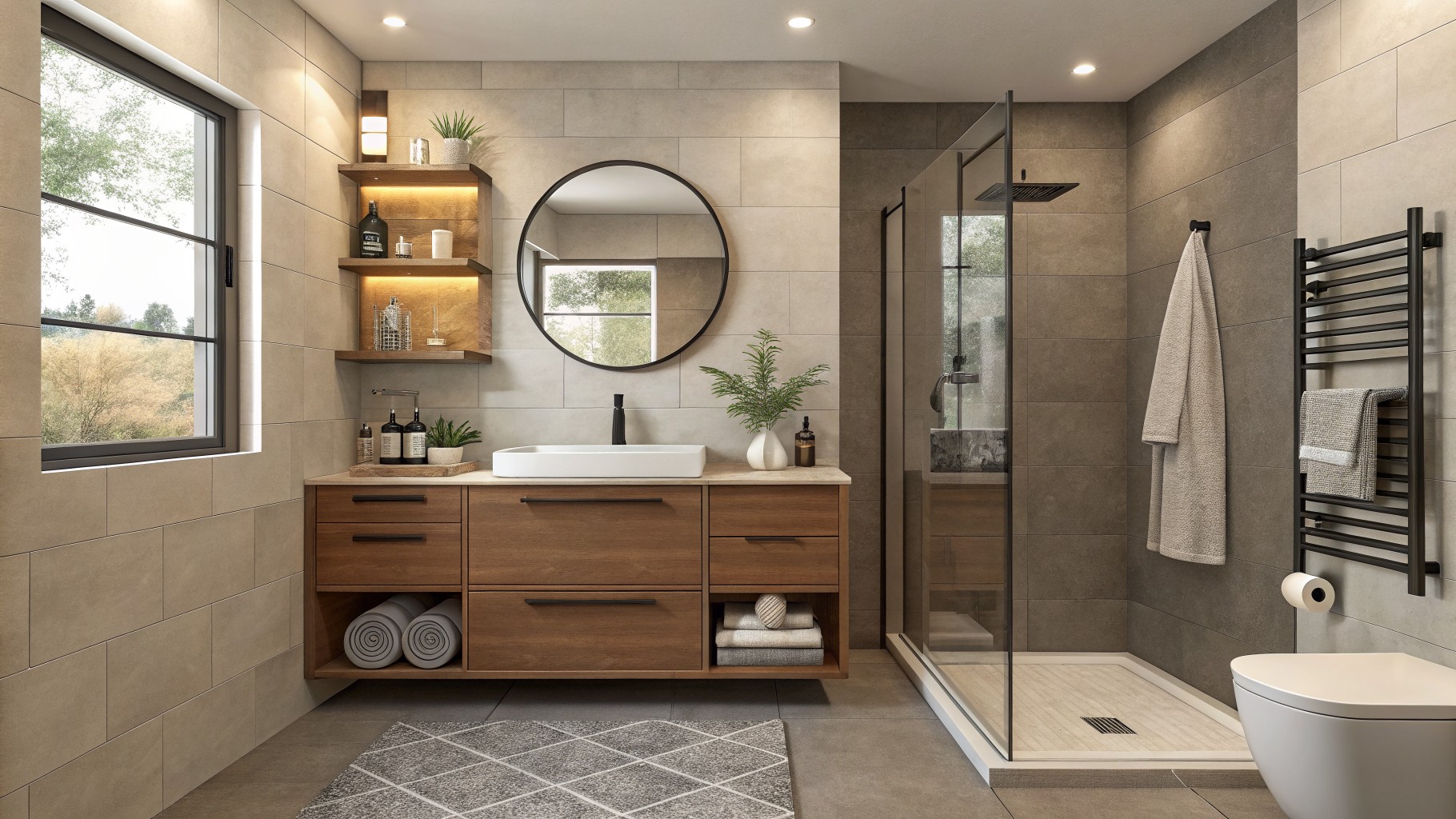 Warm greige walls in a modern bathroom with wood vanity and tile.