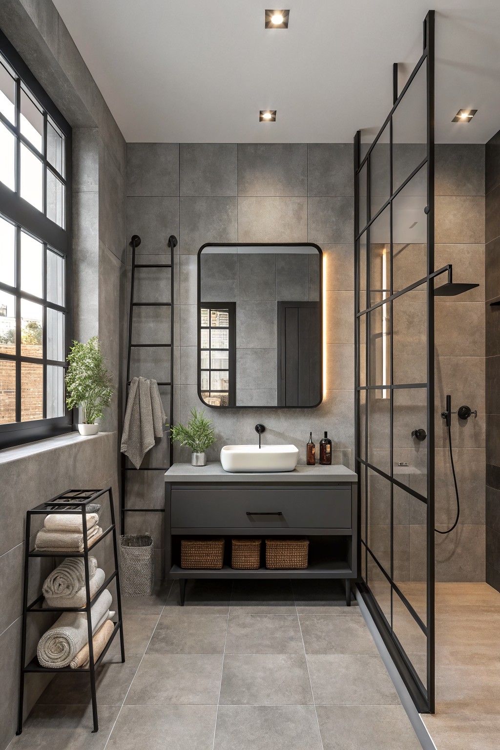Bathroom walls finished in a soft greige tone beside a dark vanity and black-framed shower.