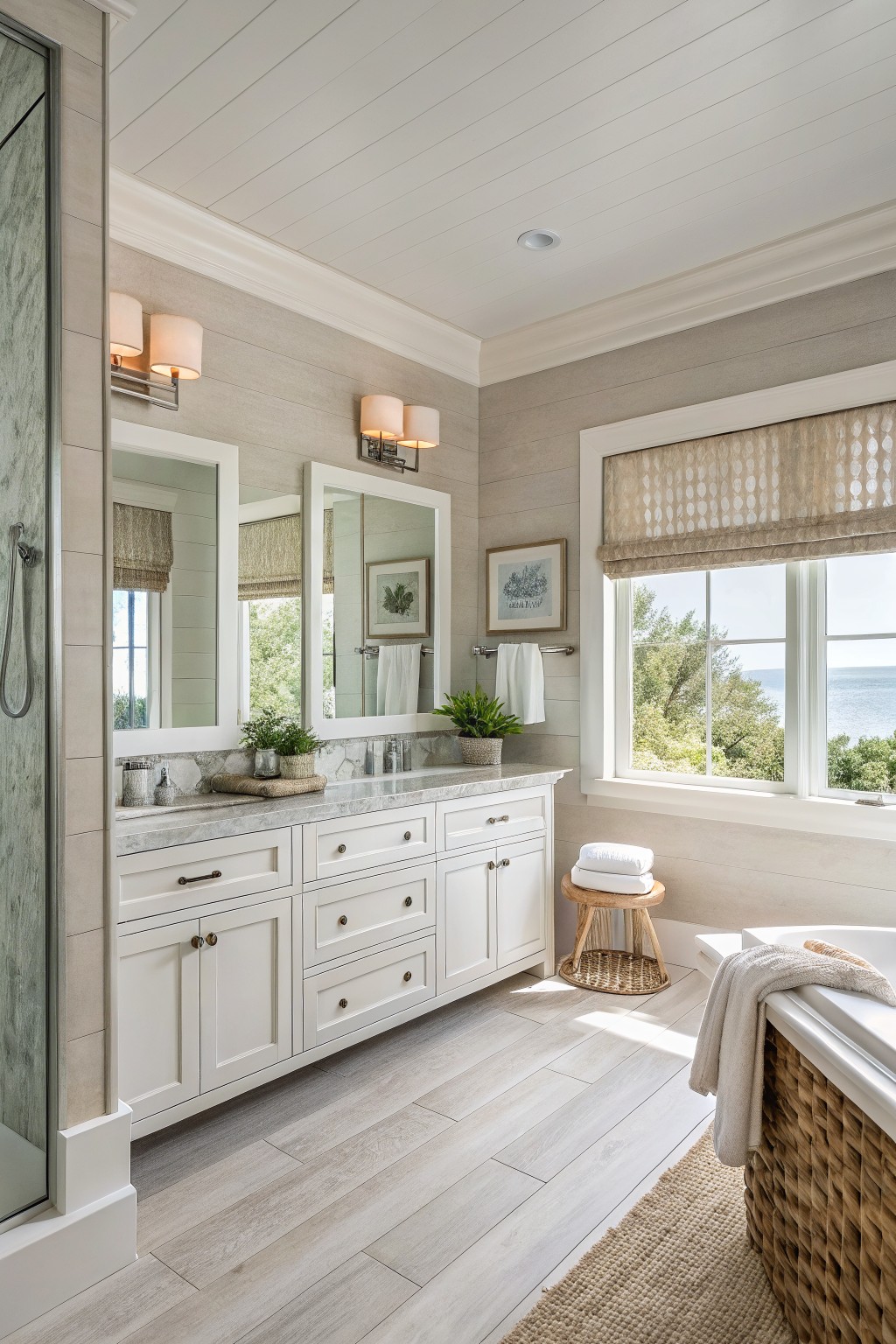 Bright coastal bathroom with white double vanity, marble counters, and ocean-view window.
