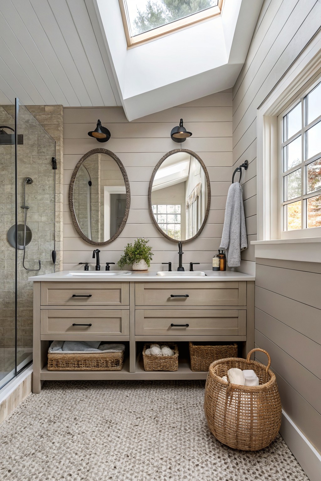 Bathroom walls painted in a soft warm greige with a double vanity below two round mirrors.