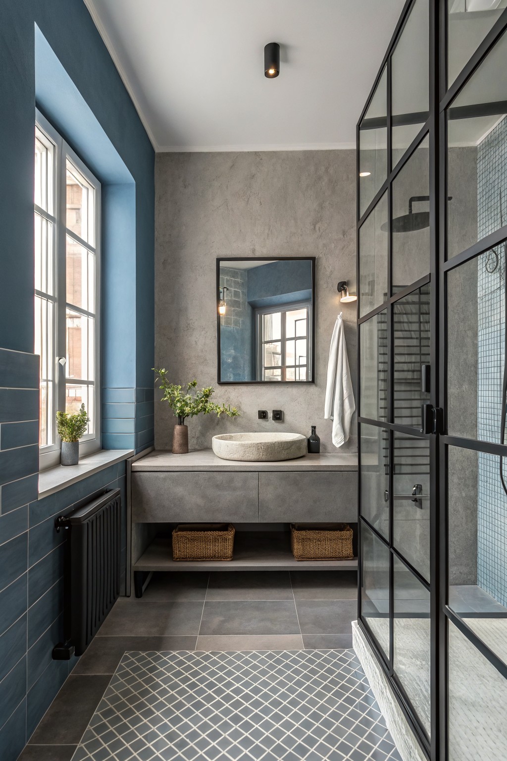 Modern bathroom with blue tiles, gray vanity, stone sink, mirror, and glass shower.
