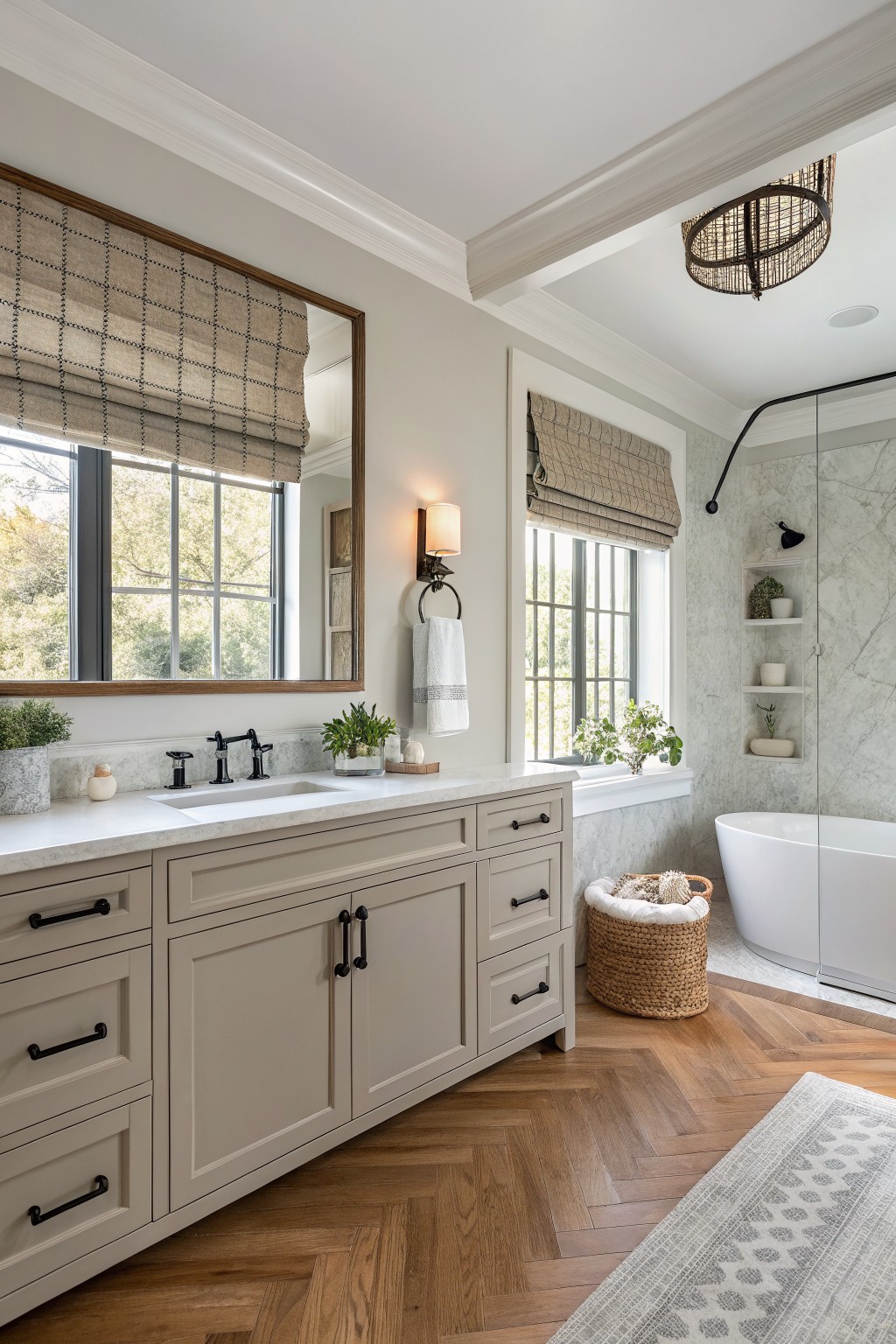 Bathroom vanity and walls painted in a soft greige color with wood flooring and black fixtures.