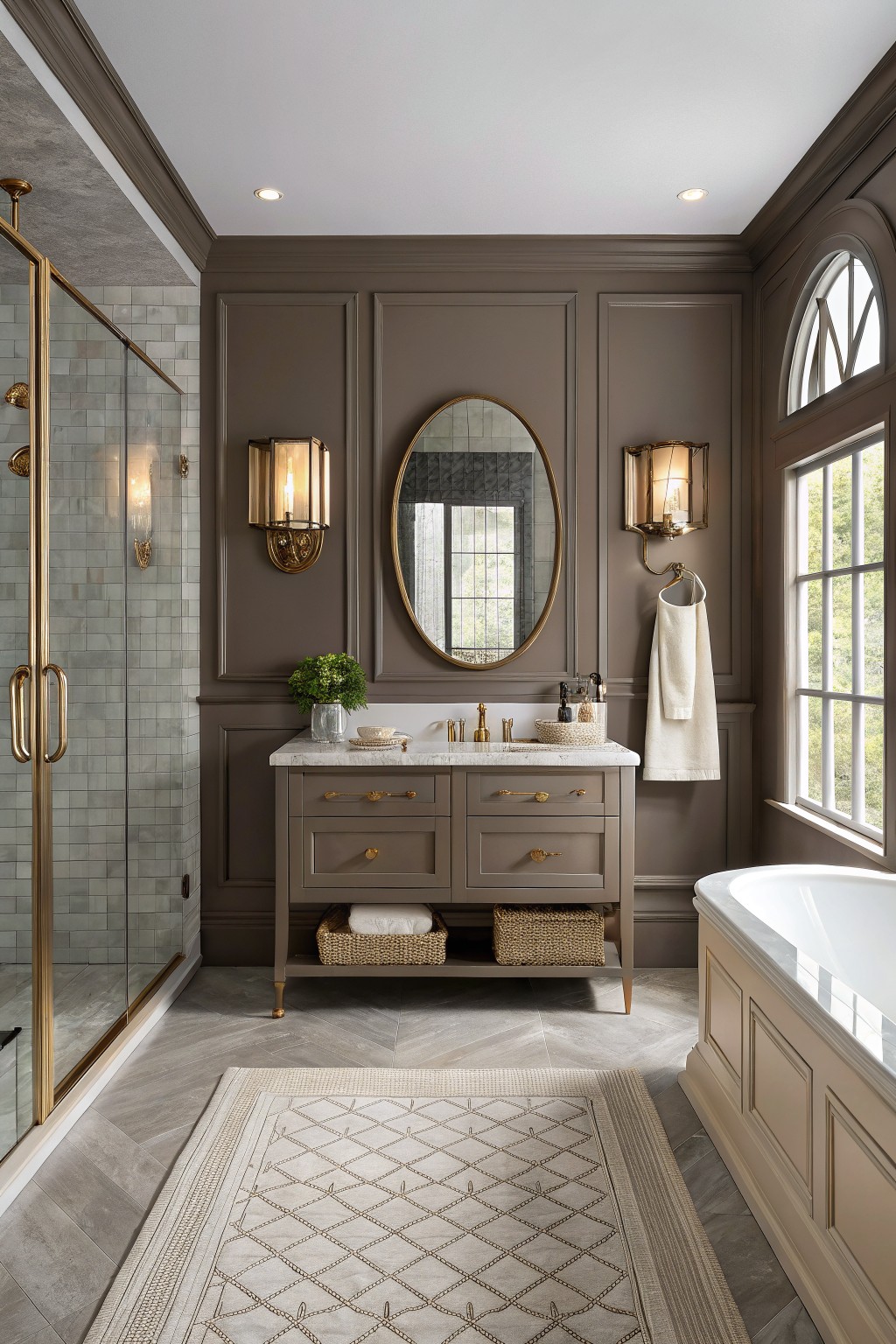Warm greige walls in a modern bathroom with a wood vanity and oval mirror.