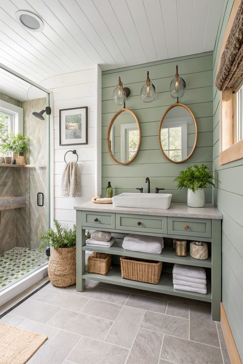 Sage green bathroom vanity with round mirrors, vessel sink, and open shelving.