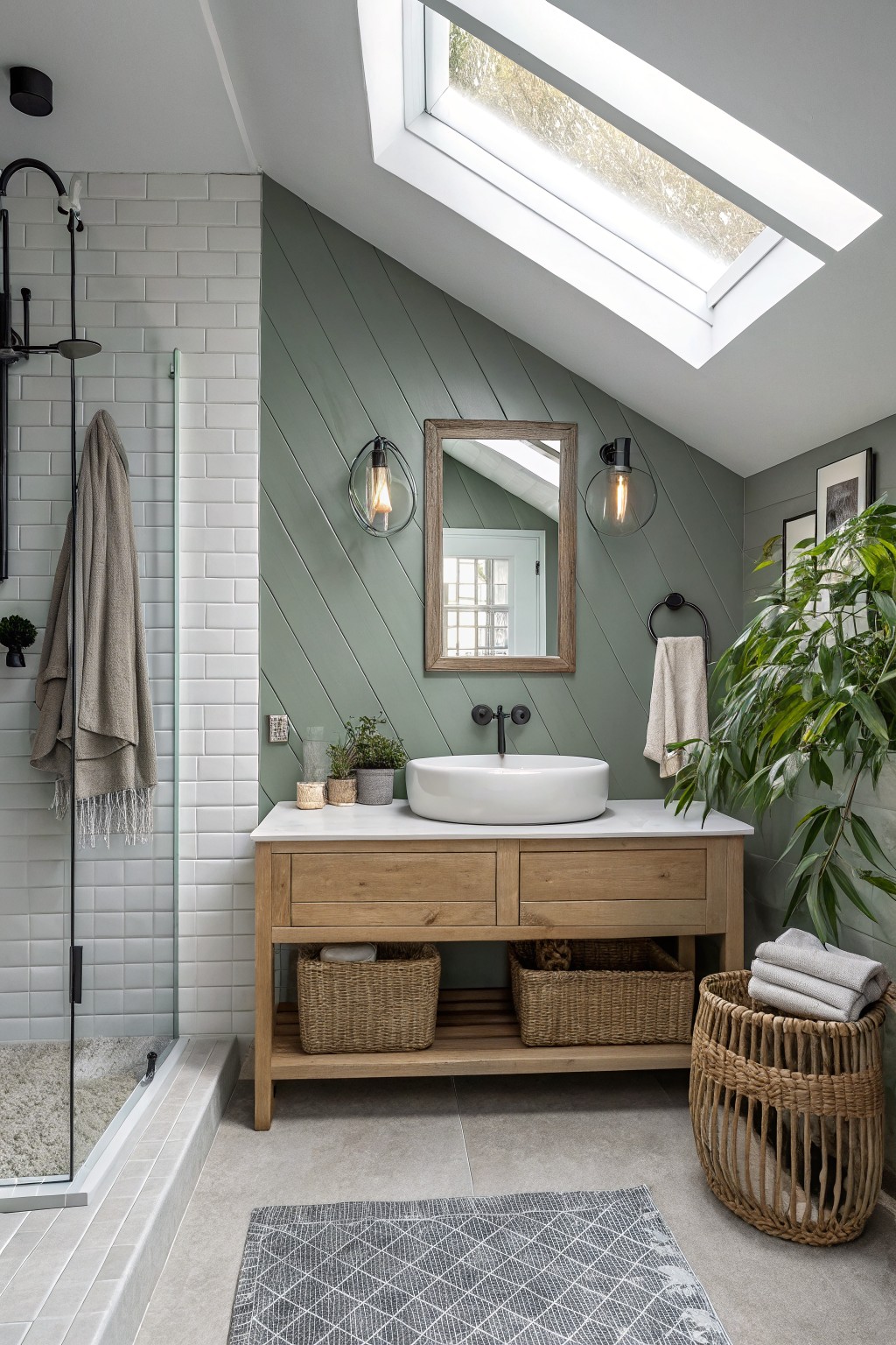 Bathroom with soft sage greige walls and a wooden vanity.