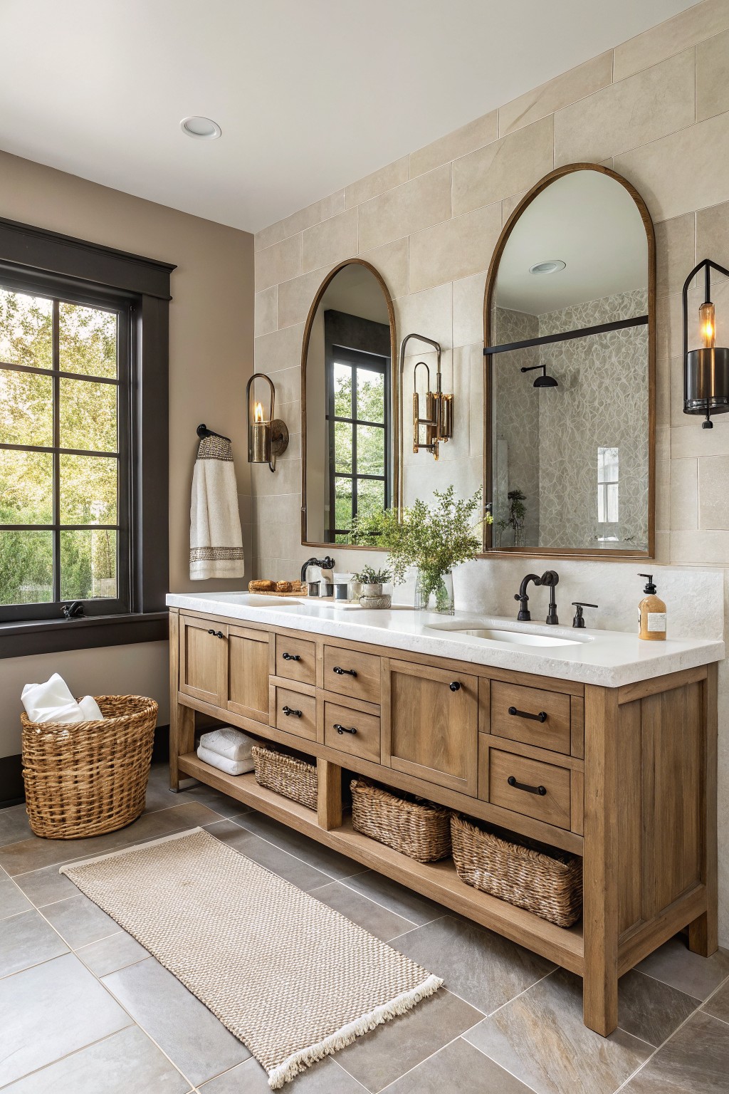 A bathroom featuring warm greige walls paired with a light wood vanity and white countertop.