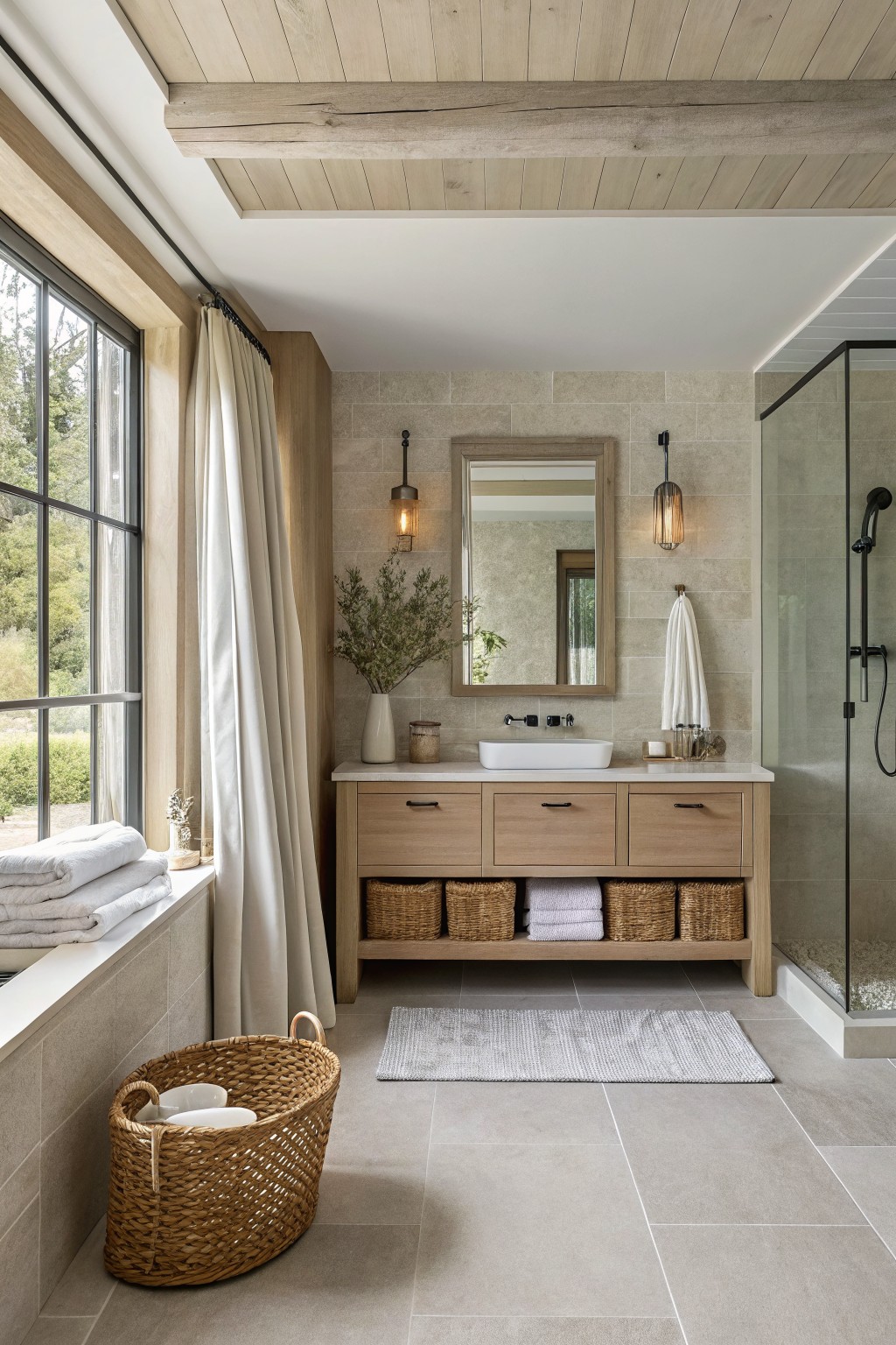 Light greige walls in a modern bathroom with wood vanity and stone tile.