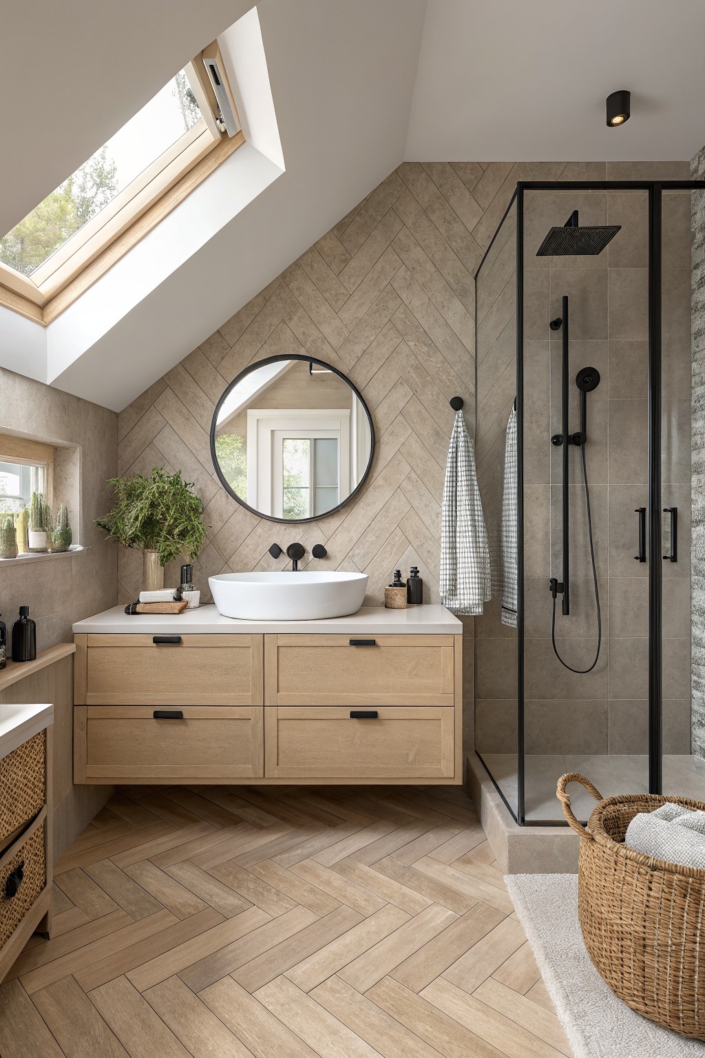 Herringbone tiled walls in a warm greige fill a modern bathroom with wood vanity and black shower accents.