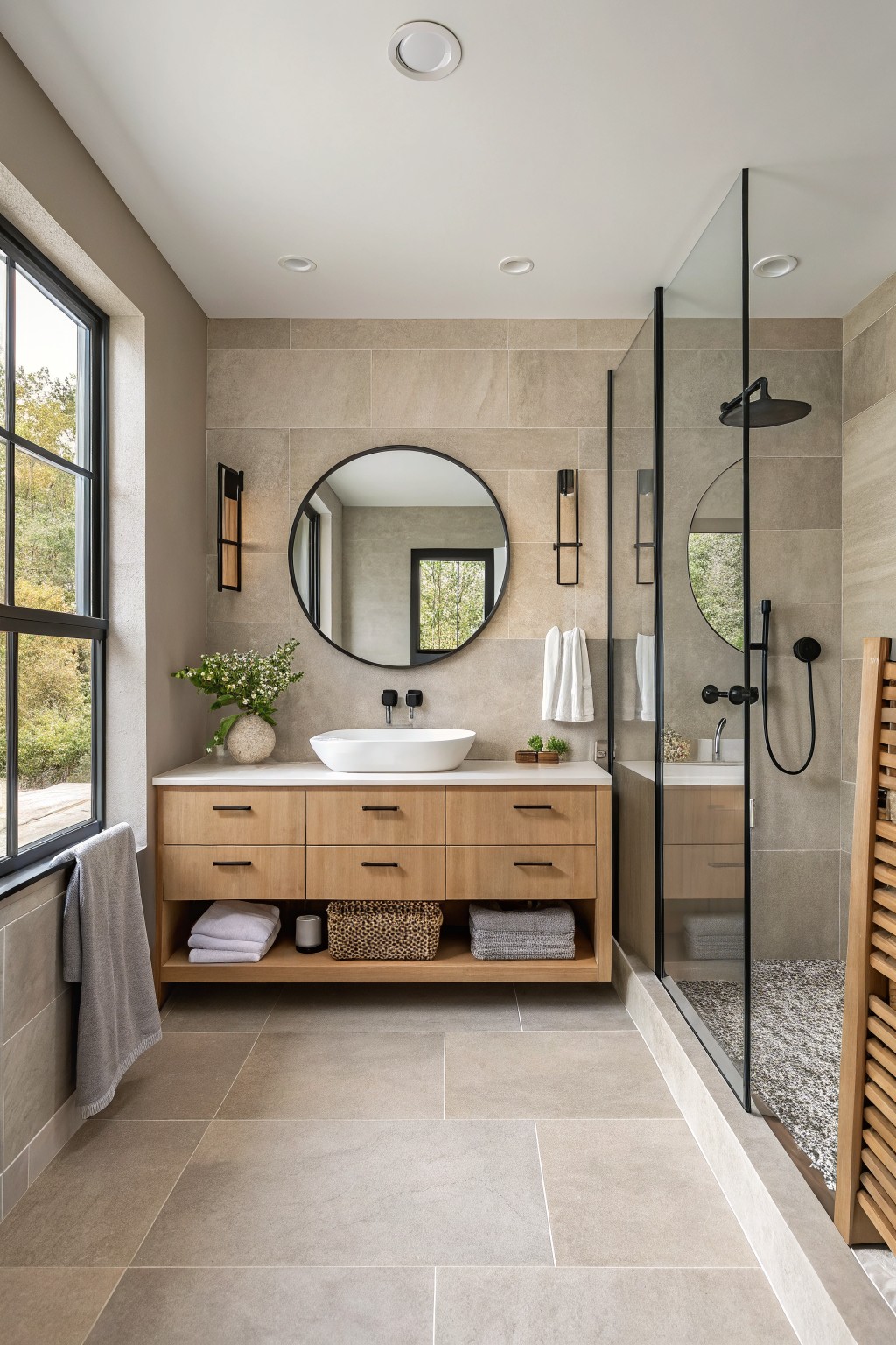 A bathroom with warm greige walls and a white vanity.