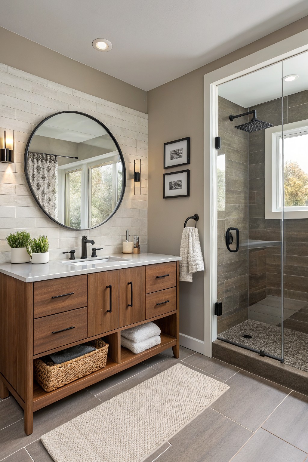 Warm greige walls in a modern bathroom with wood vanity and tile.
