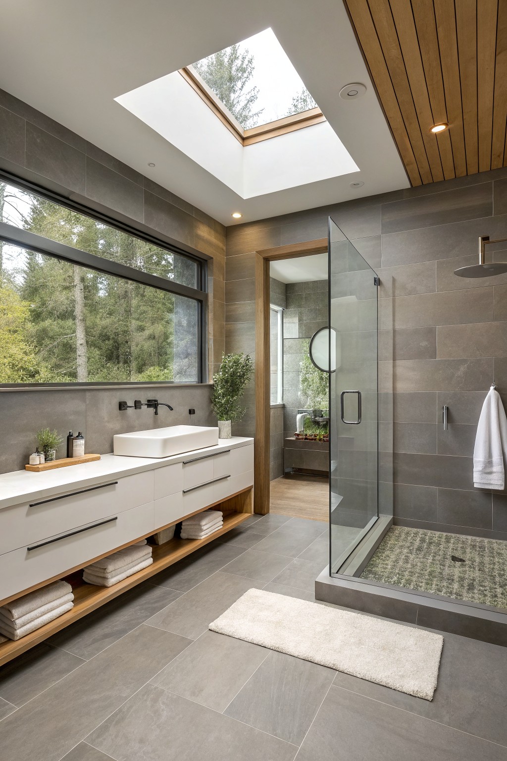 Bathroom walls painted in a soft greige color next to wood cabinetry and gray tile.