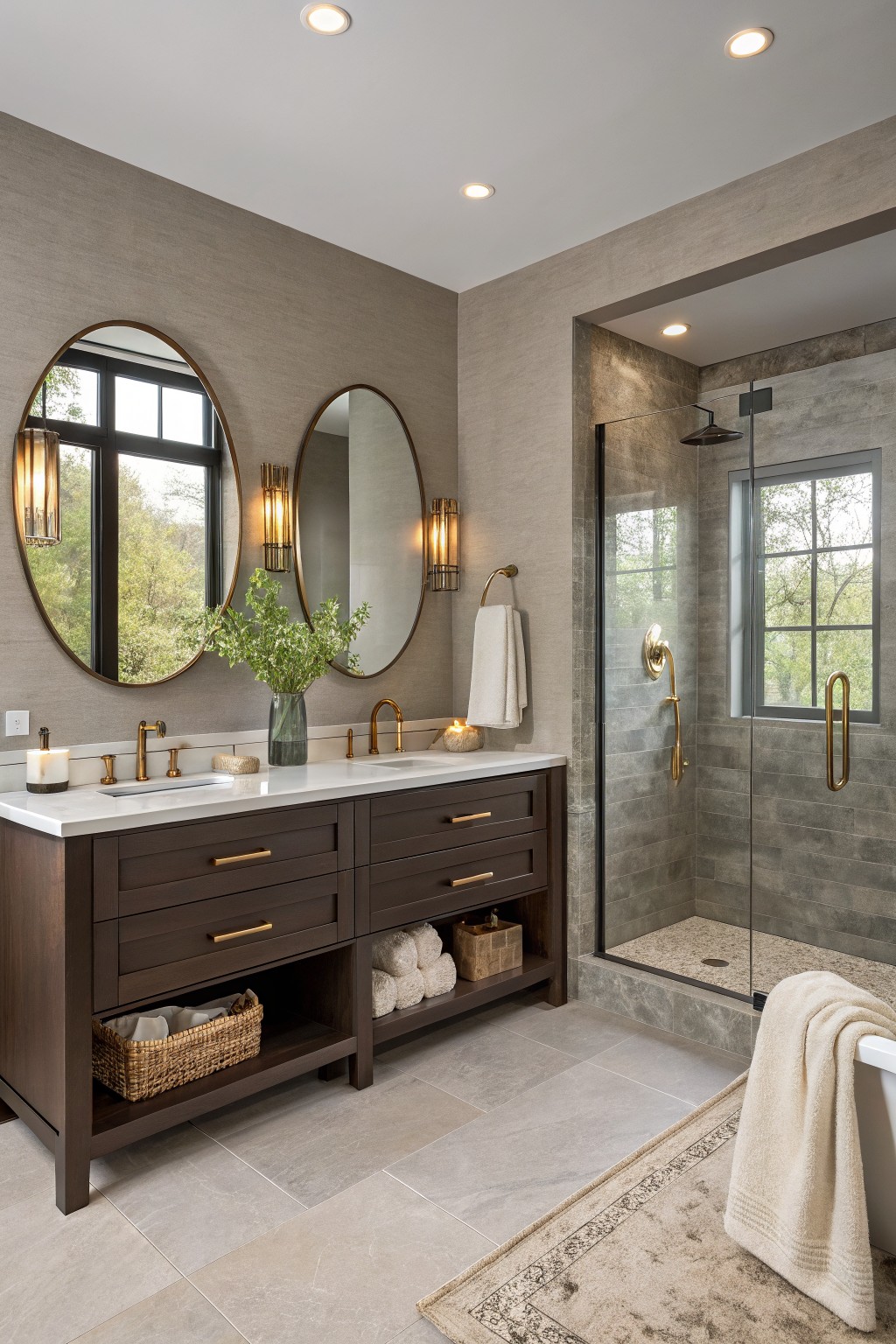 Warm greige walls in a modern bathroom with a dark wood vanity and glass shower.